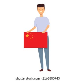 Boy take China flag icon cartoon vector. World kid. Cute boy