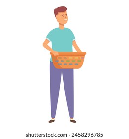 Boy take laundry basket icon cartoon vector. Home help. Daily routine