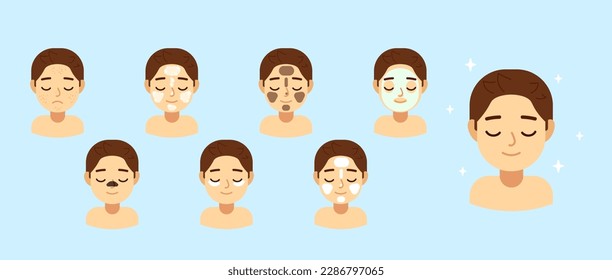 The boy takes care of his face. Step by step instructions on how to use a cosmetic mask. The concept of skin care, hygiene and hydration. Set of flat vector illustrations and icons.