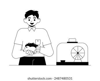Boy takes his hedgehog out of the cage to play, kid and pet vector illustration.