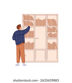 Garoto pega um livro de papel da estante de uma livraria na livraria ou biblioteca da escola. Estudante escolhe livro didático para aprendizagem, romance para leitura na estante vista traseira. Ilustração de vetor isolado plano em branco