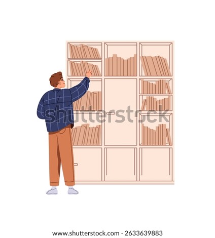 Boy takes paper book from shelf of bookcase in bookstore or school library. Student chooses textbook for learning, novel for reading on bookshelf back view. Flat isolated vector illustration on white