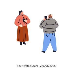 Boy takes photo of his posing girlfriend. Couple in outerwear does photographs on phone camera. People are shooting with smartphone in winter. Flat isolated vector illustration on white background
