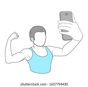the boy takes a selfie. shows biceps. takes a photo with a smartphone. vector illustration.