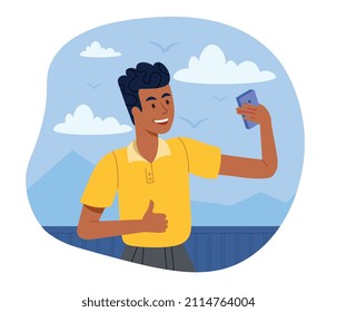 Junge nimmt sich selbst. Junge Leute mit Smartphone, freundlich und freundlich. Moderne Technologien und soziale Netzwerke, Modell, Erinnerung. Geräte und Geräte, Internet. Cartoon-Flavektor-Vektorgrafik