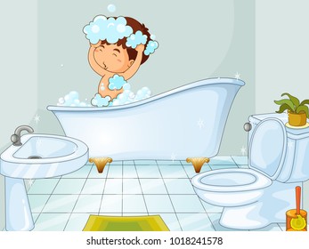 Niño tomando baño en ilustración de baño