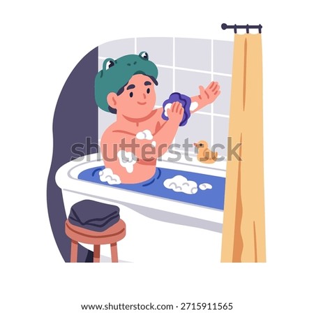 Boy taking bath. Happy child in bathtub, self washing with sponge, soap and water. Personal hygiene routine. Cute kid, body care at bathroom. Flat vector illustration isolated on white background