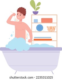 Boy taking bath. Kid in soap foam bathtub isolated on white background