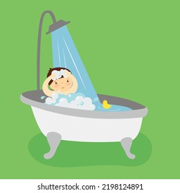 boy taking a bath on a green background