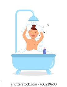 Boy taking a bath with soap bubbles. Concept design of a singing male taking a bath. Isolated vector illustration in a flat style.