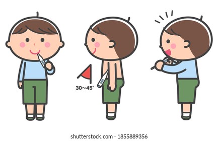 Boy Taking Body Temperature (mouth And Armpit) / With Lines