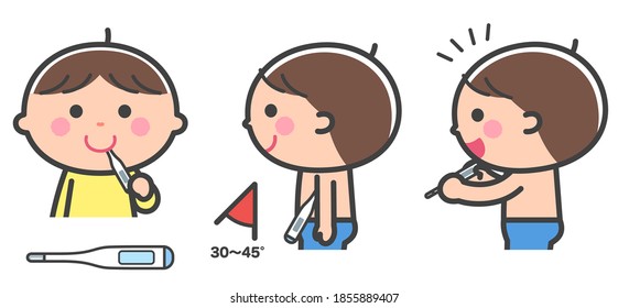 Boy Taking Body Temperature (mouth And Armpit) / With Lines