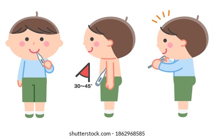 Boy Taking Body Temperature (mouth And Armpit). No Contour Line