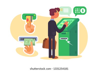 Boy taking cash from ATM vector illustration. Cartoon man at automated teller machine withdrawing money from credit card flat style concept. Client takes money from bank terminal