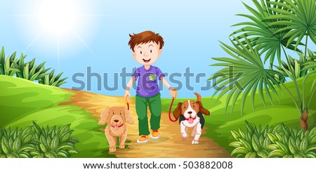 Boy taking dogs for walk in the park illustration