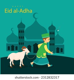 boy taking goat on eid ul adha, eid festival flat vector illustration, islamic festivals