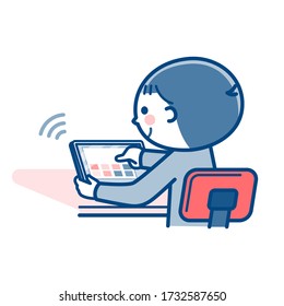 Boy taking online lessons / tablet / Two colors