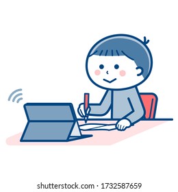 Niño tomando lecciones en línea / tablet / Dos colores