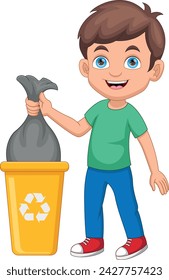 niño sacando la basura en la bolsa de basura en el contenedor de reciclaje