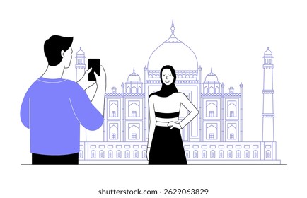 Boy taking photo of girl with taj mahal in background. Linear illustration