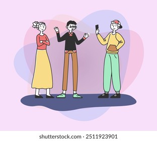 Boy taking photo of his parents using smartphone. Flat vector illustration. Teenager with mobile phone to take pictures of man and woman. Family, modern technology, memories concept