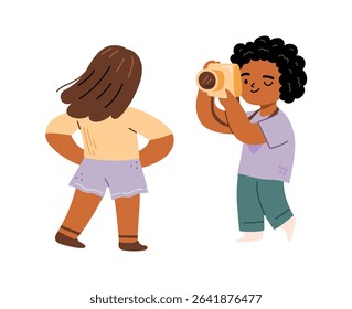 Boy taking photography of posing girl. Vector in flat style, isolated kids with creative hobby. Active lifestyle of children, male with camera. Creativity and leisure time of personages