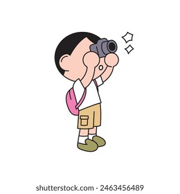 A boy is taking pictures with his camera. He is on a trip. Cartoon style character illustration.