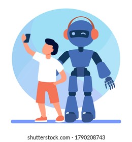 Boy taking selfie with humanoid. Child with cyborg, kid with robot flat vector illustration. Robotics, engineering, childhood concept for banner, website design or landing web page