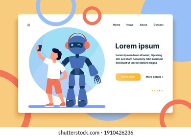 Junge, der sich selbst mit Humanoiden einnimmt. Kind mit Cyborg, Kind mit Roboter-flache Vektorgrafik. Robotik, Ingenieurwesen, Kinderkonzept für Banner, Website-Design oder Landing-Webseite