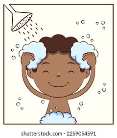 Boy taking shower, child washing hair