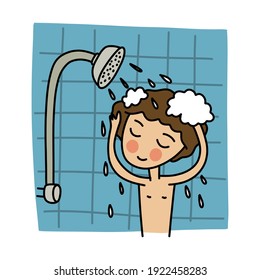 niño tomando un ícono de doodle de ducha, ilustración vectorial