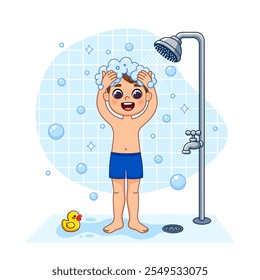 A boy is taking a shower, a duck is swimming nearby. He is washing his hair with shampoo under running water. Cartoon style illustration, isolated.