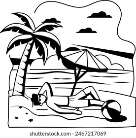 Boy taking Sunbath vector design, Nature and landscape postcard, Scenic Summer Season Vibes Sign, Idyllic Remote illustration, Person lying down on sandy beach wearing shorts concept