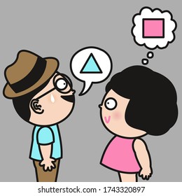 A Boy Talking About Blue Triangle Symbol In A Speech Bubble To The Girl Who Thinking It's A Pink Squre. Couple In Quarrel Concept Card Character illustration