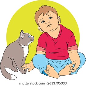 Boy talking to cat. Vector
