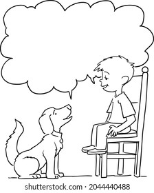 Niño hablando con un perro, antecedentes con burbujas de habla.