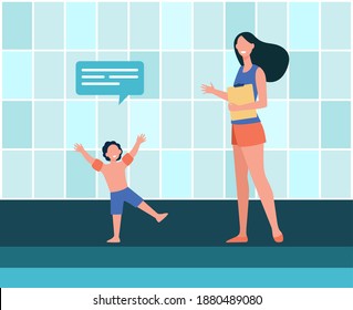 Boy talking to female trainer at swimming pool. Training, child, kid flat vector illustration. Sport, hobby, activity concept for banner, website design or landing web page