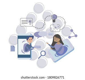 The boy is talking to the girl. Distance learning. School online. Social networks. Information exchange.