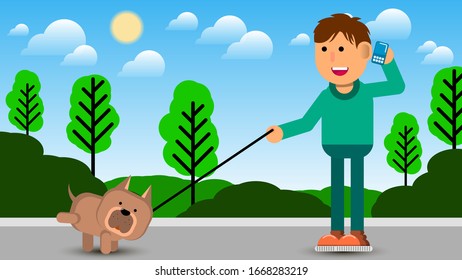 A boy talking on a cell phone, walking a dog in the park on the background of bushes and trees, under the sky with the sun and clouds. flat design character. vector