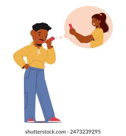 boy talking on the phone with a friend, depicting communication, friendship, and connection. Child is holding a smartphone while an image bubble shows his female friend also on a phone, Vector Image