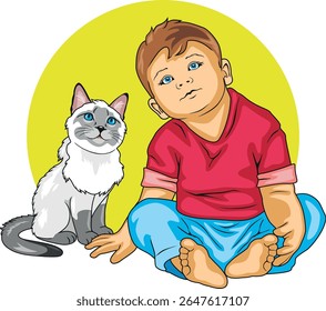 Boy is talking to a Siamese cat. Vector