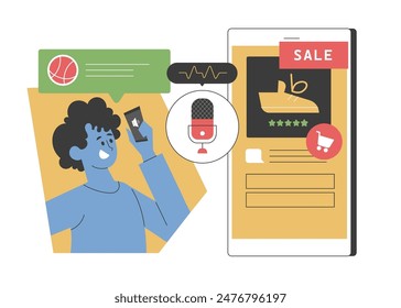 A boy talks about basketball on his phone, and contextual advertising shows related shoe ads on the screen. Illustrates data privacy and targeted ads. Vector illustration.
