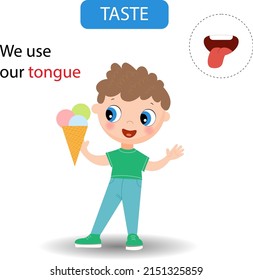 Boy tastes ice cream with his tongue.
Funny montessori game for kids. Learning five senses. Vector illustration.