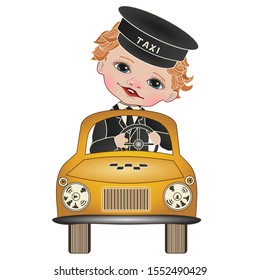 boy taxi driver in black uniform and cap drives a toy yellow car, color clip art on a white isolated background