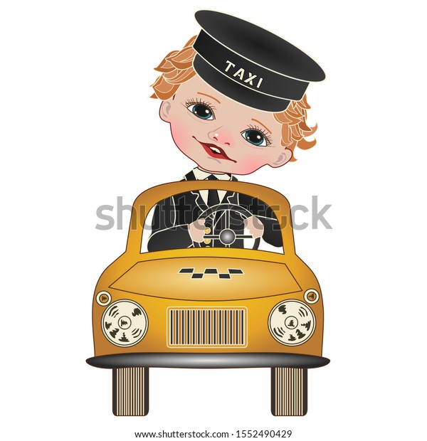 boy taxi driver\
in black uniform and cap drives a toy yellow car, color clip art on\
a white isolated\
background