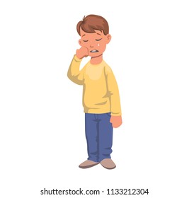 Boy in tears, crying character. Upset kid in yellow sweater, fullbody. Flat vector illustration. Isolated on white background.