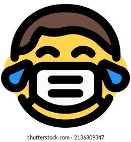 Boy with tears of joy facial expression wearing the mask to avoid diseases