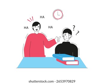 Junge von seinen Klassenkameraden geärgert, hören Sie auf Mobbing seit der Kindheit. Zeichendesign. Flache Vektorgrafik