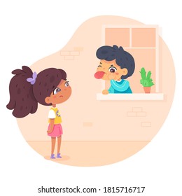 Boy teases girl, showing his tongue and grimacing insultingly. Child cries from resentment. Good or bad kid behavior scene. Vector character illustration of children conflicts, negative emotions