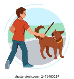 Boy teasing angry dog with stick flat color vector illustration. Danger of anima attack for little kid round concept icon on white background